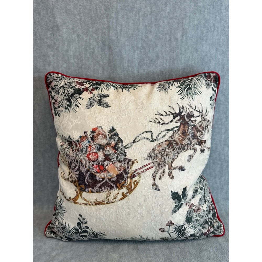 Christmas Olde World Santa Sleigh Reindeer Throw Pillow Red Trim Cream β 17 x 17